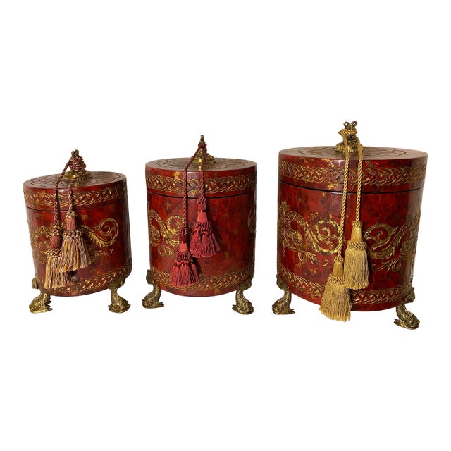 Monumental 14" Graduated Trio of Maitland-Smith Tessellated Stone Canisters - Imperial Red & Gold Leaf For Sale