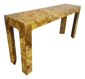 70s/80s Burl Wood Console Table With U-Leg Base, in the Style of Milo Baughman, Vintage, Postmodern, Mid Century Modern MCM