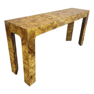 Vintage Burl Wood Milo Baughman Style Console Table With Sculptural U-Leg Base, Postmodern, Hollywood Regency For Sale