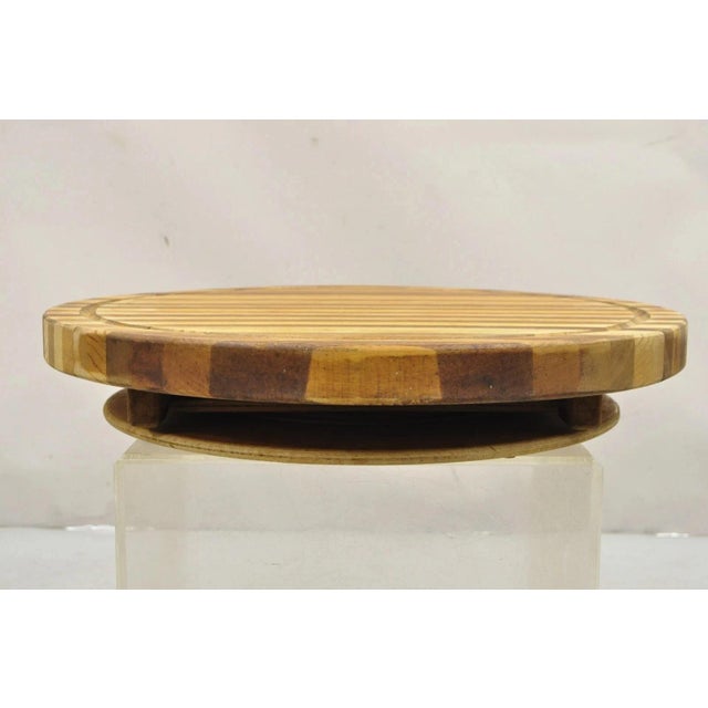 Vintage Mid Century Modern Teak & Oak Wood 24" Round Spinning Charcuterie Cutting Board For Sale - Image 4 of 12
