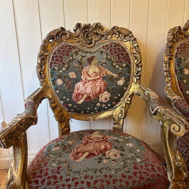Gold Antique Louis XV Style Gilt Wood Throne Chairs with Floral and Maid Tapestry Seats, 1890s, Set of 2 For Sale - Image 8 of 11