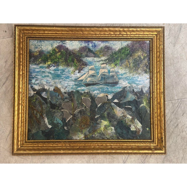 Blue Vintage Mixed Media Seascape Painting, Framed For Sale - Image 8 of 8