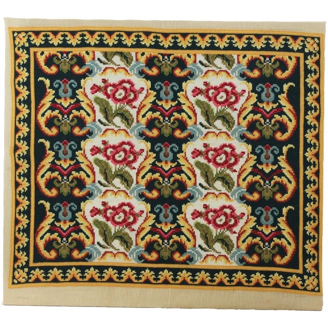 Black Vintage Floral Needlepoint Textile Art – Decorative Rose and Scrolling Acanthus Leaf Motif For Sale - Image 8 of 8