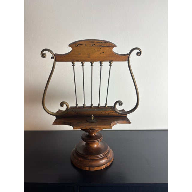 Antique Lyre-Form Music Stand/Book Stand With Brass and Wood Base For Sale In Chicago - Image 6 of 6