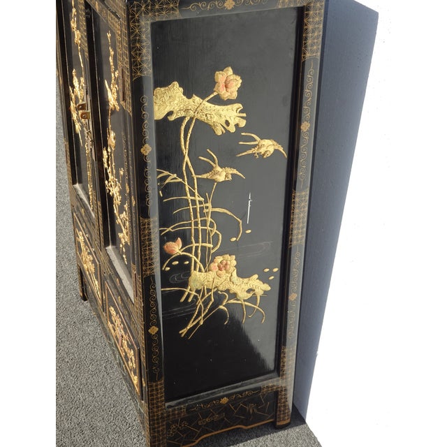 Vintage Oriental Chinese Chinoiserie Black Lacquer Cabinet W Drawers 1of2 For Sale - Image 4 of 15