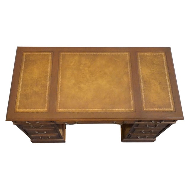 Sligh Lowry Solid Pine Early American Country Style 46" Double Pedestal Writing Desk W. Tooled Leather Top For Sale - Image 9 of 12