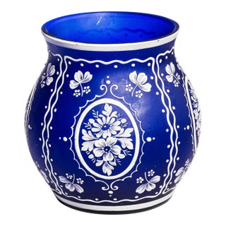 Charming Small Vintage Blue and White Hand Applied Glass Vase Floral Design Home Decor Cottage Style For Sale