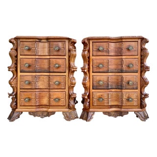 Early 20th Century Italian Burl Walnut and Fruitwood Bedside Commodes, Set of 2 For Sale