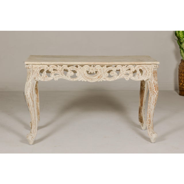 Rococo Style Painted Console Table with Carved Apron and Distressed Finish For Sale - Image 4 of 12