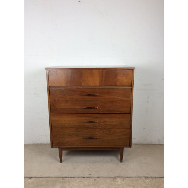 Mid Century Modern Four Drawer Highboy Dresser With Brass Hardware For Sale - Image 10 of 14