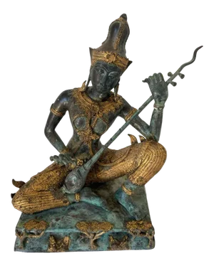 1950s Vintage Asian Thai Gilt Bronze Statue of a Prince Playing Music