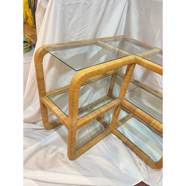 1970's Bielecky Brothers Wrapped Rattan and Glass Waterfall Corner Etagere For Sale - Image 9 of 14