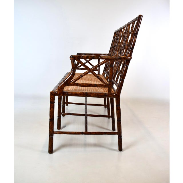 Faux Bamboo Settee With Leather Cushion, Tortoise Shell Finish For Sale - Image 11 of 15