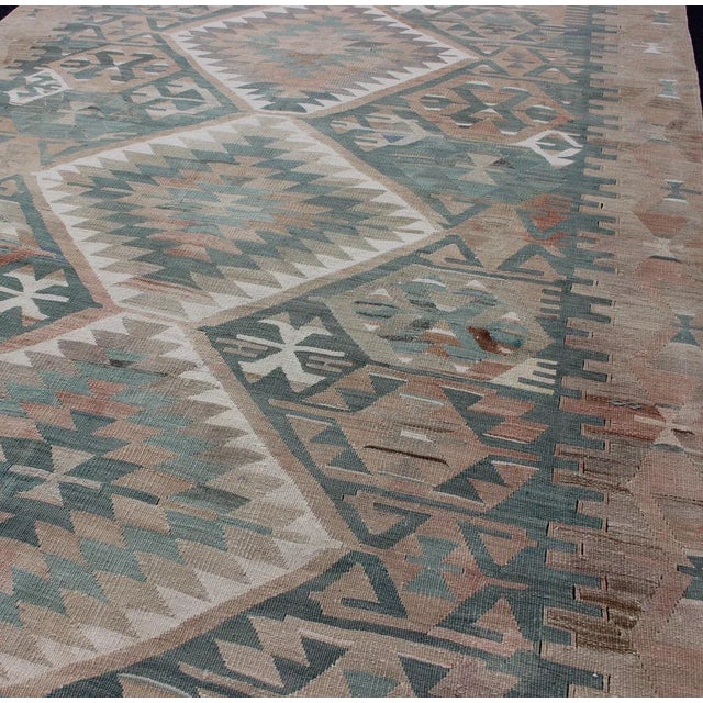 Mid 20th Century Vintage Turkish Kilim Rug in Soft Blue, Beige, and Muted Coral Geometric Design For Sale - Image 5 of 13