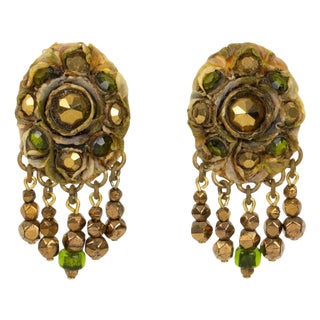 Henry Perichon Talosel Clip Earrings with Bronze and Green Cabochons For Sale