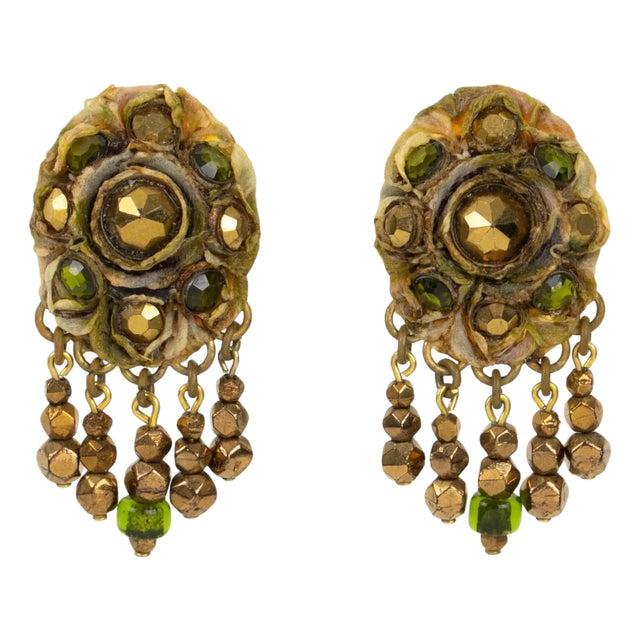 Henry Perichon Talosel Clip Earrings with Bronze and Green Cabochons For Sale