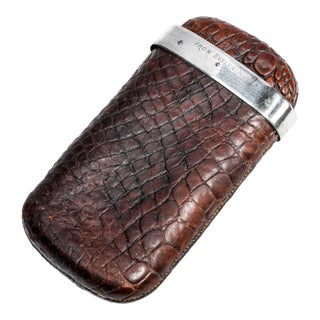Handsome English Antique Victorian Leather Sterling Silver Cigar Case Holder For Sale