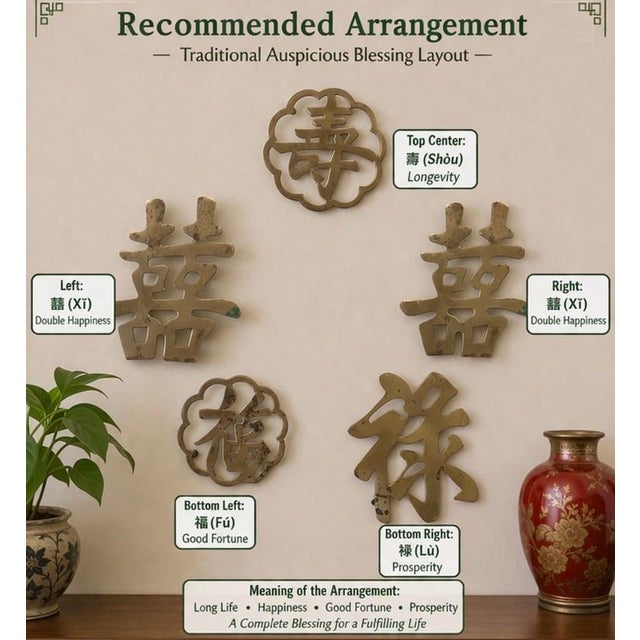 Vintage set of five solid brass Chinese auspicious wall symbols and or tricots likely Hong Kong export, mid-20th century...