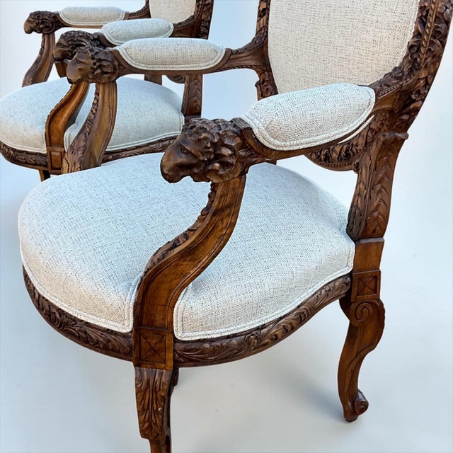 19th-C. French Neo-Classical Carved Walnut Bergere Chairs With Rams - Pair For Sale In Atlanta - Image 6 of 12