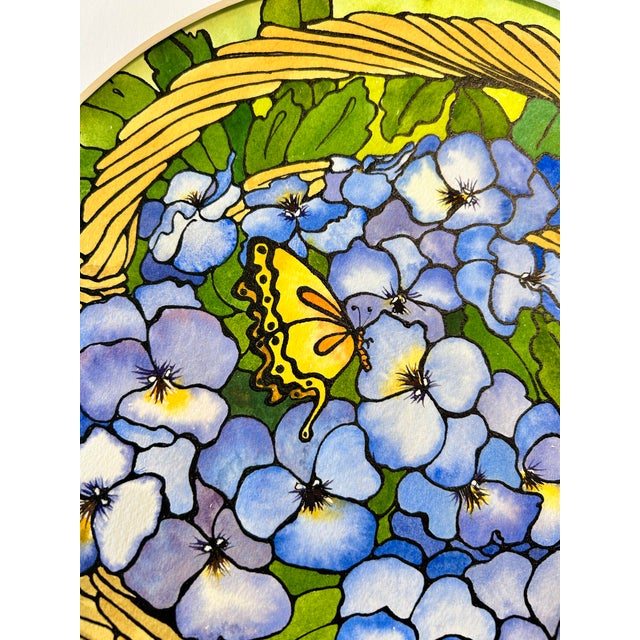 Art Deco Giclee Print of Watercolor Painting “Basket of Violas” Ink and Wash For Sale - Image 3 of 12