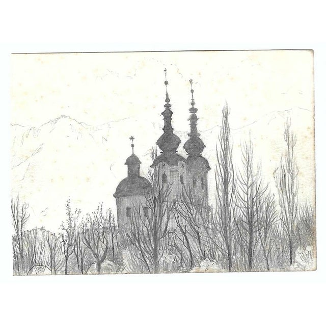 Drawing on paper by Robert Henry Angeloch (1922-2011) of a church in Vallach, Austria. Estate stamp on the back. Bob...