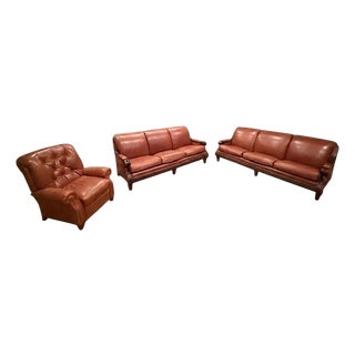 Hancock & Moore Red Leather 3-Piece Living Room Set – Pair of Sofas & Matching Tufted Recliner For Sale