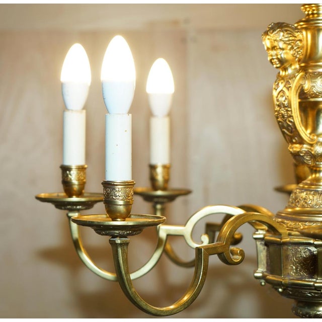 Antique French Rococo Gold Gilt Brass Eight-Branch Cherub Chandelier, 1900s For Sale - Image 6 of 18