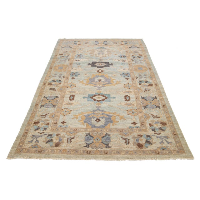 Blue Blue Handmade Modern Sultanabad Wool Rug With Floral Motif For Sale - Image 8 of 9