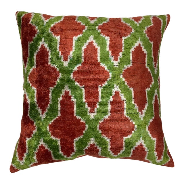 Contemporary Turkish Green & Red Colors Velvet Silk Ikat Pillow For Sale