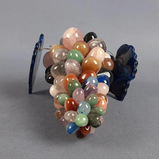 Vintage Bunch of Grapes Sculpture in Various Natural Hard Stones and Blue Agate Leaves, 1960s For Sale - Image 3 of 12