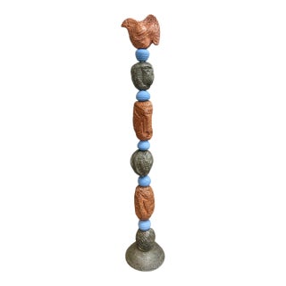 Marc Zimmerman "Stone Perch 4" Glazed Ceramic Totem, 62 Inches Tall, Stone-Like Brown Forms, Blue Sphere Accents, Contemporary Art West Coast For Sale