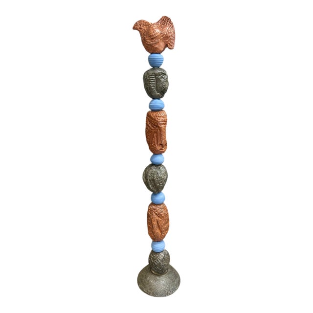Marc Zimmerman "Stone Perch 4" Glazed Ceramic Totem, 62 Inches Tall, Stone-Like Brown Forms, Blue Sphere Accents, Contemporary Art West Coast For Sale