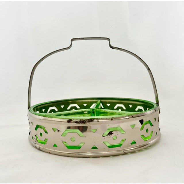 Vintage Green Depression Glass Silver Relish Tray For Sale - Image 4 of 8