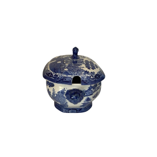 Antique Ridgways Willow Pattern Soup Tureen Covered Bowl Blue White Semi China Made in Staffordshire, England 1891–1910...