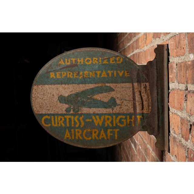 American 1930s Original Curtiss-Wright Aircraft Flanged Metal Sign For Sale - Image 3 of 9
