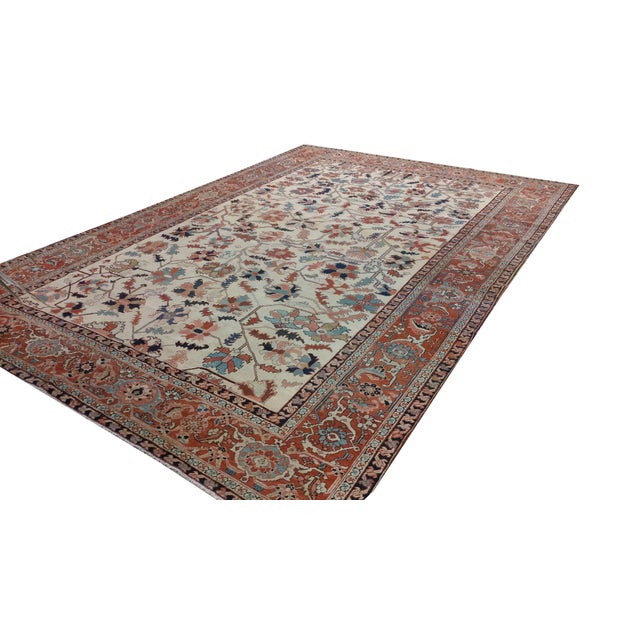 Antique Persian Serapi Carpet, Handmade Wool Oriental Rug, Ivory and Light Blue For Sale - Image 17 of 18