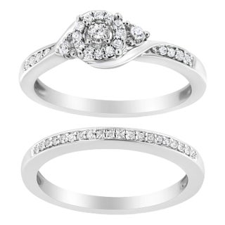 .925 Sterling Silver 1/4 Cttw Diamond Halo and Swirl Engagement Ring and Wedding Band Set - Ring Size 7 For Sale