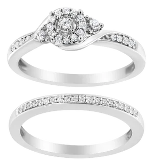 .925 Sterling Silver 1/4 Cttw Diamond Halo and Swirl Engagement Ring and Wedding Band Set - Ring Size 7