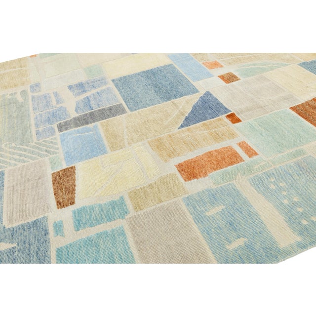 Modernist Color-Block Handcrafted Wool Area Rug With Abstract Painterly Grid For Sale - Image 4 of 12