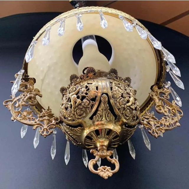 Victorian Brass and Opaline Round Shade Pendant or Chandelier For Sale - Image 10 of 13