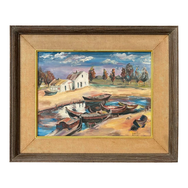 1960s Vintage Original Rare Landscape Painting With Boats at Dock by Saul Leiter, Framed For Sale
