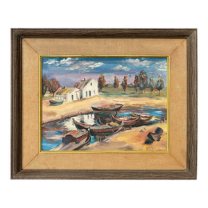 1960s Vintage Original Rare Landscape Painting With Boats at Dock by Saul Leiter, Framed