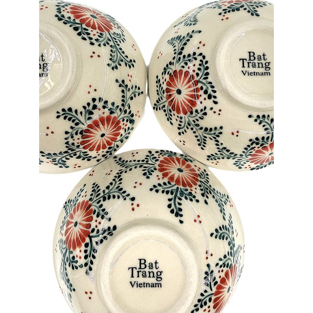 2020s Asian Modern Bat Trang Vietnam Multipurpose Ceramic Bowls Hand Painted in Red & Blue Floral Motif - Set of 6 For Sale - Image 5 of 8
