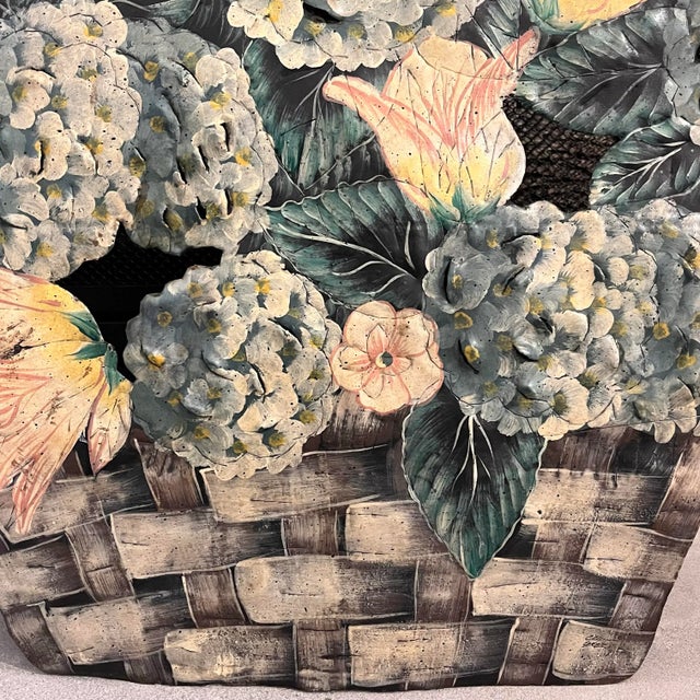 Vintage Metal Toleware Hand Painted and Signed Blue Hydrangea Fireplace Screen / Dummy Board For Sale - Image 9 of 12