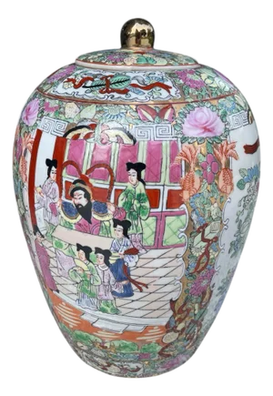 1960s Chinese Rose Medallion Lidded Jar “1000 Butterflies" Motif and Courtly Figures
