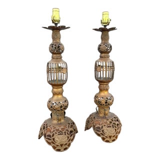 Vintage Chinoiserie Gold Gilt Table Lamps - A Pair For Sale