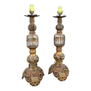 Vintage Chinoiserie Gold Gilt Table Lamps - A Pair