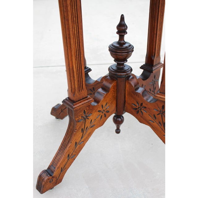 Antique American Victorian Eastlake Marble Top Parlor Table | Carved Walnut Side Table on Casters | C. 1880–1900 For Sale In Naples, FL - Image 6 of 15