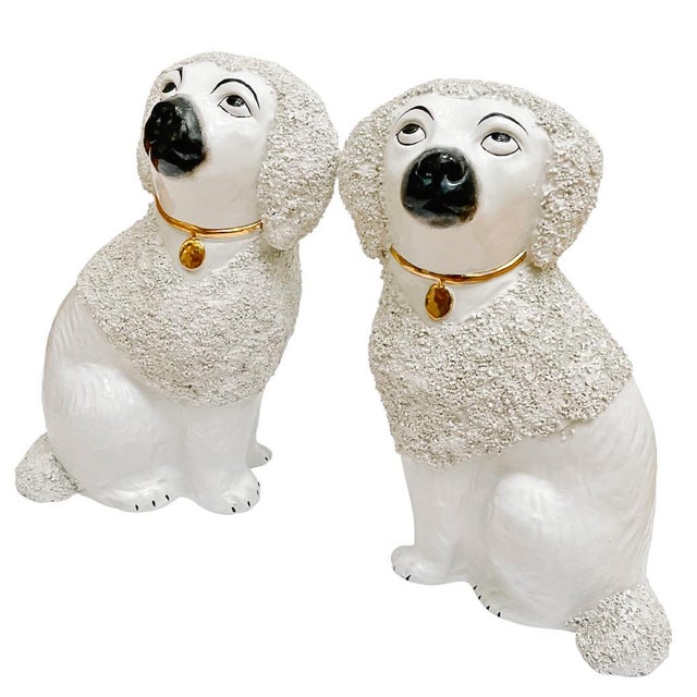 Pair of large 1960s Italian Staffordshire style confetti poodles. They stand 13" tall and pay homage to the old English...