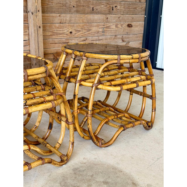 Pair Vintage Organic Modern Bent Rattan Side Tables With Smoked Glass For Sale - Image 9 of 12